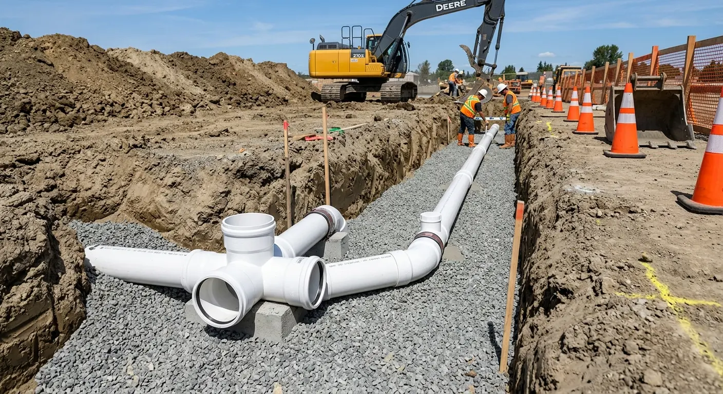 New PVC sewer pipe installation in open trench for Sewer Backup in Live Oak